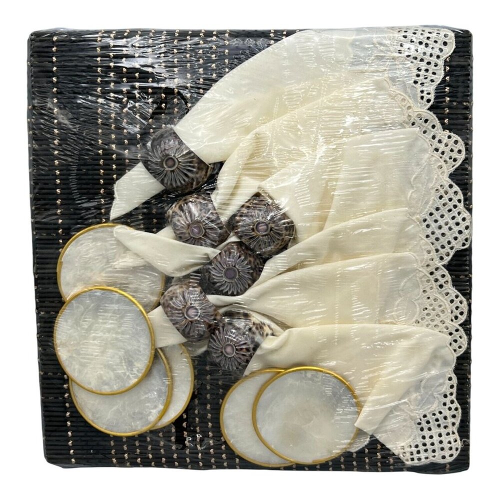 24 Pc Capiz Coasters Rattan Placemats Cowrie Shell Napkin Rings Lace Napkins Set